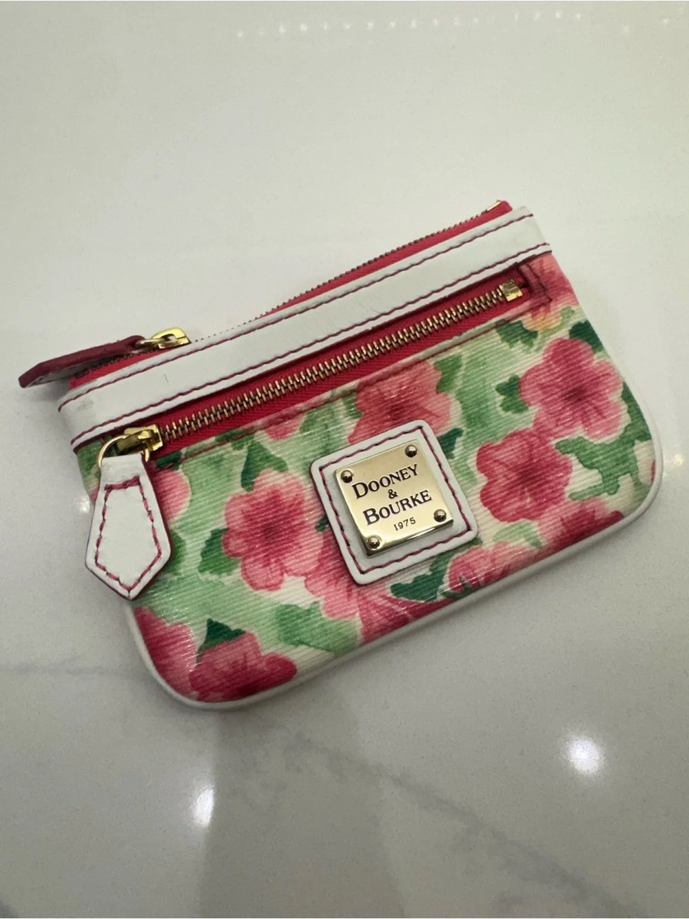 Dooney & Bourke Pink Floral Zip Card Pouch with White Trim